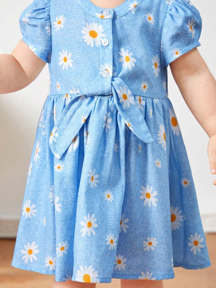 Baby Girls' Casual Denim Effect Short-Sleeved Dress With Floral Print