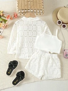 Elladie kids Cô Gái Trẻ Giải trí Kỳ nghỉ Màu thuần Ren Áo sơ mi , Quần short Và Áo ba lỗ Áo vest - trắng - Xem 2