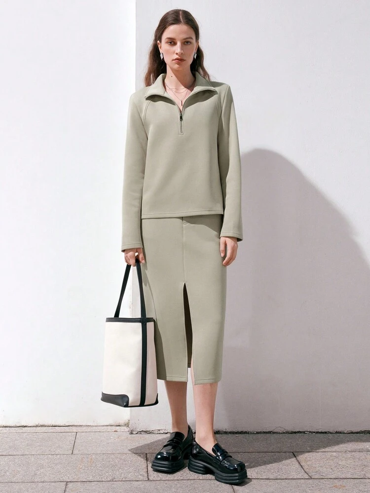 Ladies' Solid Color Top And Skirt Suit