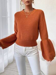 SHEIN LUNE Jersey De Mujer Con Mangas De Volantes Y De Color Sólido - Naranja - Ver 5