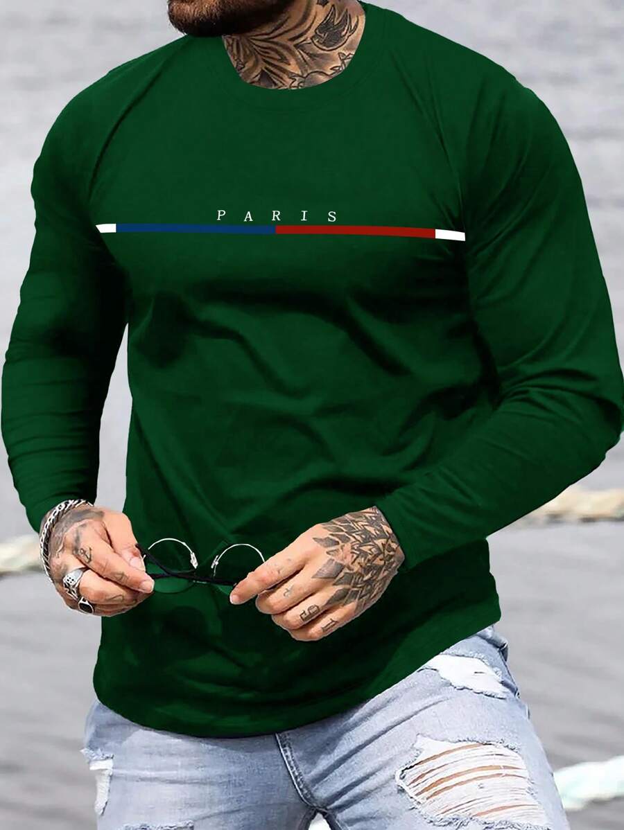 SHEIN Manfinity Homme Men's Letter Printed Long Sleeve T-shirt - Dark Green - View 1