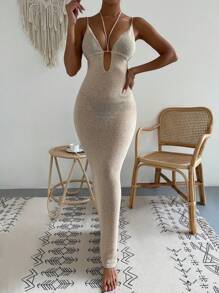 Swim Vcay Summer Outfits For Women Women Deep V-Neck Spaghetti Strap Backless Exquisite And Elegant Holiday Cover-Up Dress For Music Festival,Summer Beach