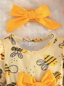 Baby Girl Long-Sleeved Ruffled Sleeves And Shoulders Bee Print Bow Embellished Dress With Headscarf - Yellow - View 3