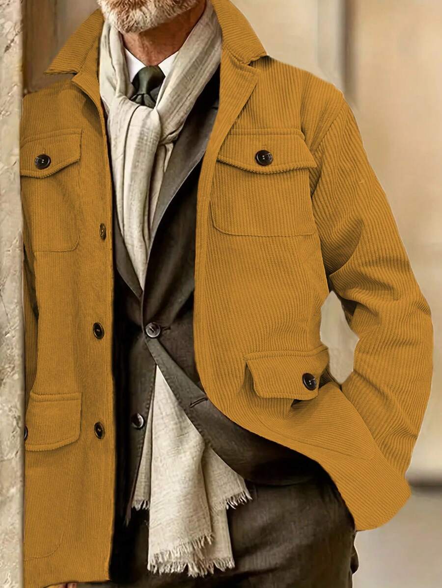 Manfinity Homme 男士翻蓋口袋單釦燈芯絨西裝外套 - 卡其色 - 查看 1