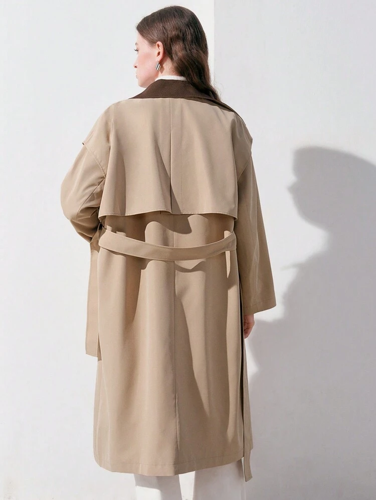 Gabardina Con Cinturón Y Cuello De Solapa Color Block Para Mujer