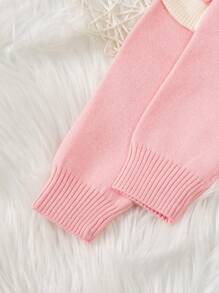 Em bé Cô gái Độ tương phản màu Hoa Móc sự thêu Cạnh Áo len dệt kim - Hồng - Xem 3