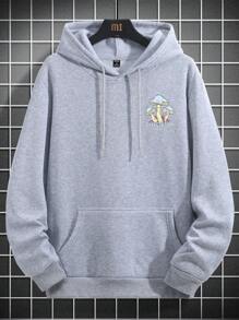 Manfinity Hypemode Loose Fit Men's Mushroom & Slogan Graphic Drawstring Thermal Hoodie - Light Grey - View 5