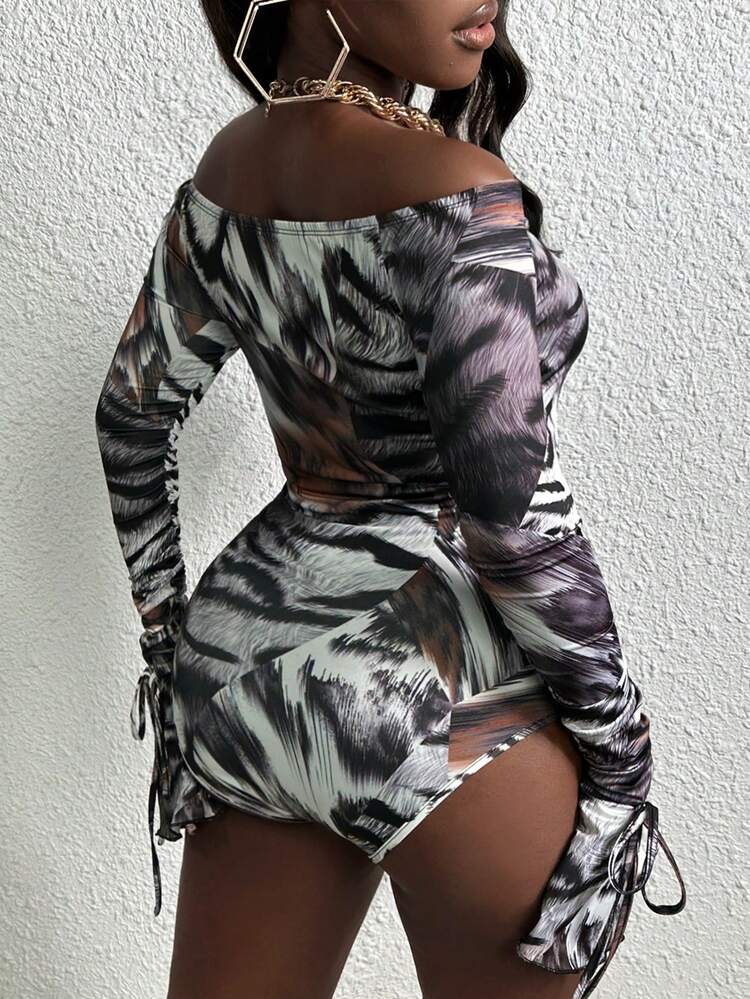 Women'S Cold Shoulder Print Bell Sleeve Bodysuit