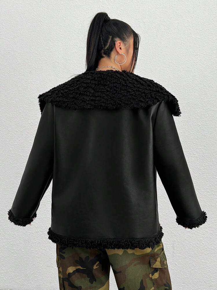 Plus Size Faux Wool Lined Pu Leather Jacket
