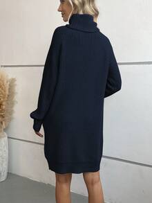 SHEIN LUNE 女士高領斜肩袖針織毛衣連衣裙 - 寶藍色 - 查看 2