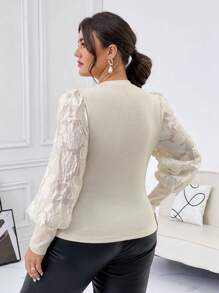 SHEIN Privé Plus Size Women's Mesh Sheer Lantern Sleeve T-shirt - Apricot - View 2