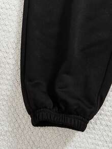 SHEIN Tween Girls Fashionable Street Style Hooded Knit Sweatshirt With Camisole Top And Jogger Pants - Black - View 3