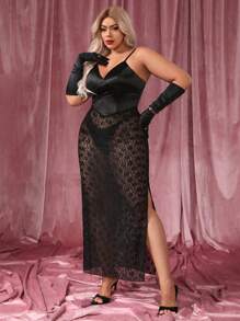 SHEIN SXY Plus Contrast Lace Satin Cami Dress Without Gloves - Black - View 4