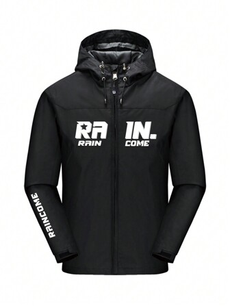 男士字母印花拉链前抽绳连帽夹克，秋冬