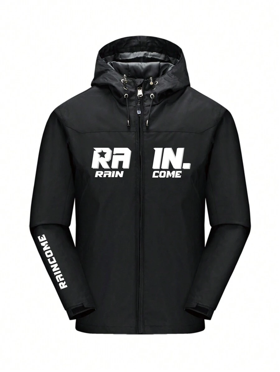 男士字母印花拉链前抽绳连帽夹克，秋冬