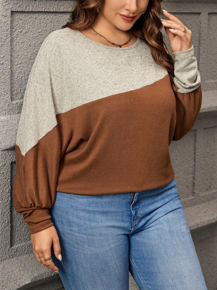 SHEIN LUNE 大尺碼蝙蝠翼袖雙色 T 卹 - 彩色 - 查看 1