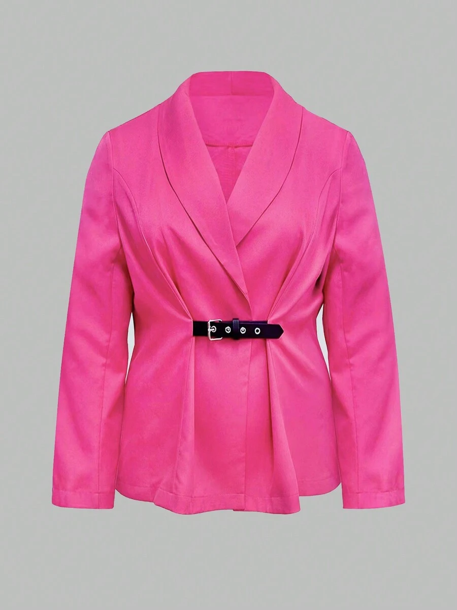 Celure Plus Size Blazer With Shawl Collar, Tie Belt Waist - Hot Pink - View 1