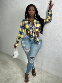 Slaydiva Yellow Half Cut Checkered Shirt - Yellow - View 5