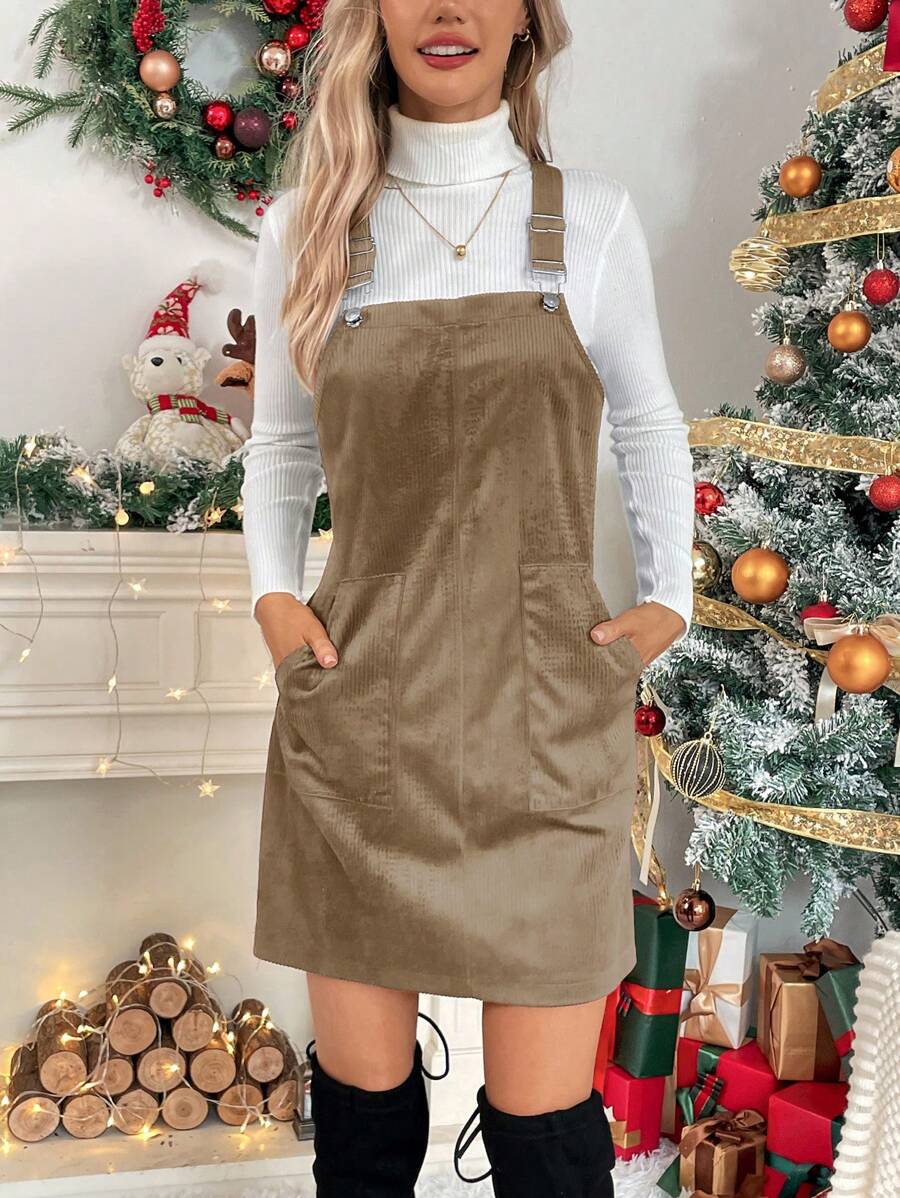 SHEIN LUNE Của phụ nữ Màu thuần Túi đôi Dây đeo Đầm - Lạc đà - Xem 1