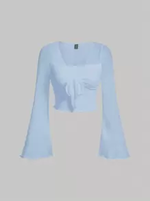 SHEIN MOD T-shirt Mit Gebundener Vorderseite Und Glockenärmeln - Babyblau - Übersicht 1