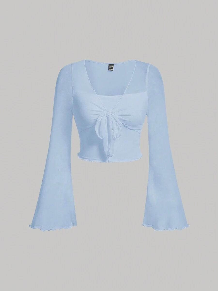 SHEIN MOD T-shirt Mit Gebundener Vorderseite Und Glockenärmeln - Babyblau - Übersicht 1