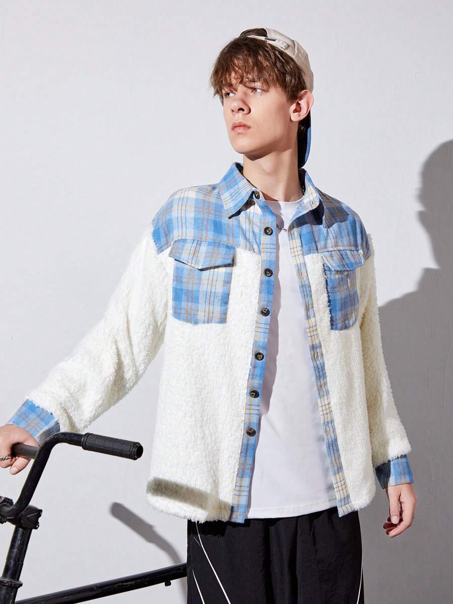 Teen Boy Plaid Print Flap Pocket Teddy Coat Without Tee - White - View 1