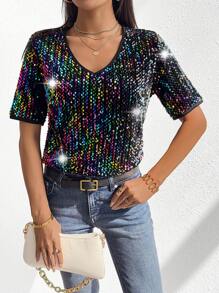 Calvaya Women's Sequined Short Sleeve T-shirt