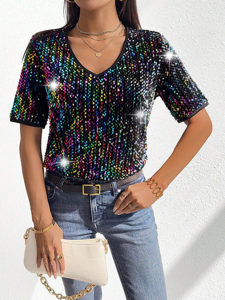 Calvaya Women's Sequined Short Sleeve T-shirt
