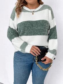 SHEIN LUNE Plus Size Round Neck Striped Drop Shoulder Sweater - Multicolor - View 5