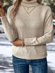 SHEIN LUNE 大尺碼女款高領插肩袖毛衣 - 卡其色 - 查看 5