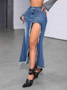 SHEIN ICON Women's High Slit Denim Skirt