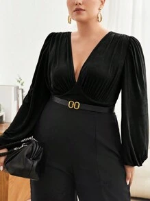 BizChic Kích thước lớn Màu thuần Cổ chữ V sâu Tay áo lồng đèn Xếp li Áo liền quần chặt - màu đen - Xem 1