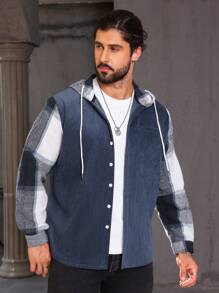 Manfinity Homme Men Plus Hooded Plaid Shacket With Upward Button And Drawstring Design