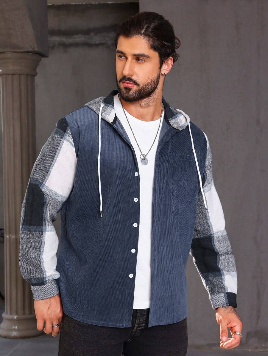 Manfinity Homme Men Plus Hooded Plaid Shacket With Upward Button And Drawstring Design