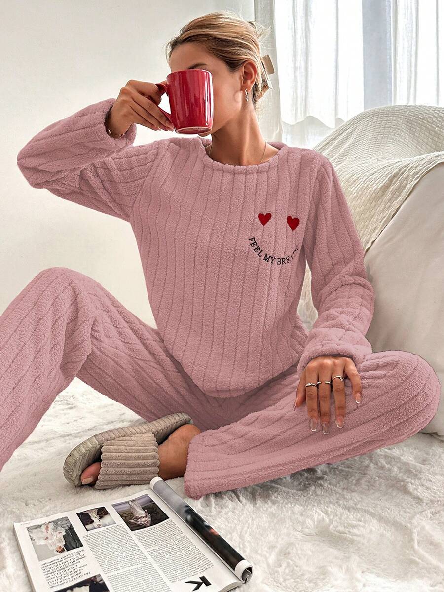 SHEIN Cottnline Flannel Embroidery Heart & Letter Print Home Wear Set - Watermelon Pink - View 1