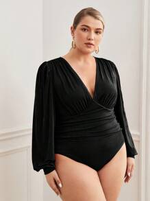 BizChic Kích thước lớn Màu thuần Cổ chữ V sâu Tay áo lồng đèn Xếp li Áo liền quần chặt - màu đen - Xem 7