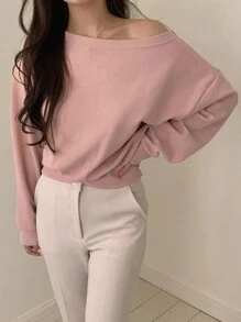 DAZY 女士纯色不对称肩部T恤长袖女式上衣露肩上衣