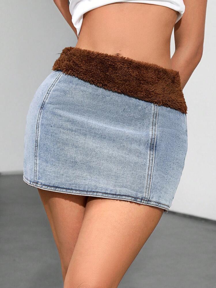 Women'S Patchwork Plush Denim Skirt