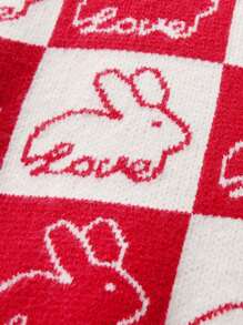 SHEIN Girls' Color Block Rabbit Pattern Sweater - Red - View 4