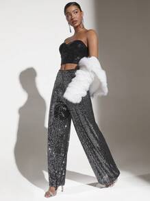 SHEIN BAE Glitter Wide Leg Pants - Silver - View 5