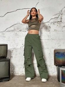 松紧腰口袋宽松阔腿直筒工装裤 - 軍綠色 - 查看 4