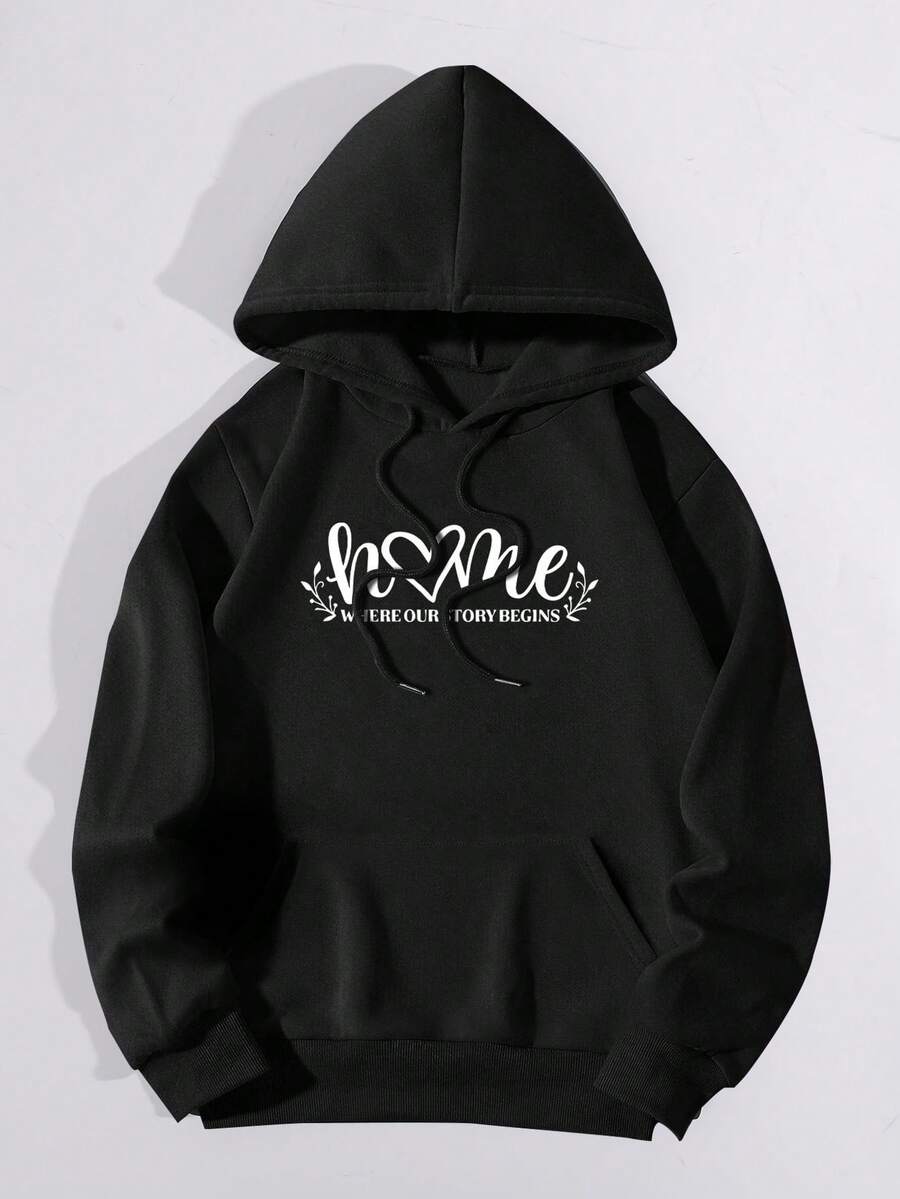 女士时尚潮流袋鼠口袋字母连帽衫 - 黑色 - 查看 1