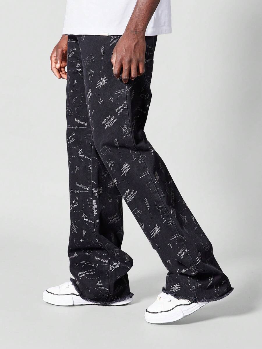 SUMWON Loose Fit Jean With All Over Print - Black - View 1