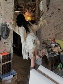 Women's Long Sleeve Distressed Sweater - White - View 2