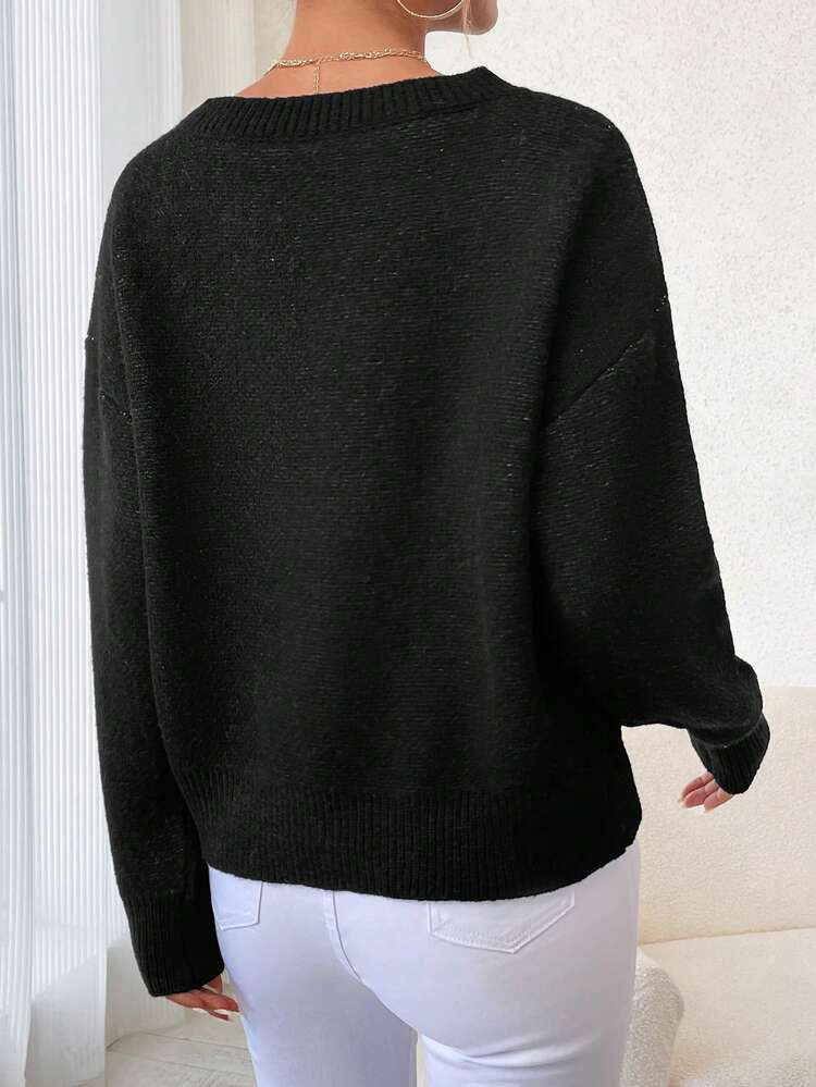 Women's Loose Heart Pattern Sweater With Drop Shoulder Neckline Knit Pullover Fall Winter Sweater