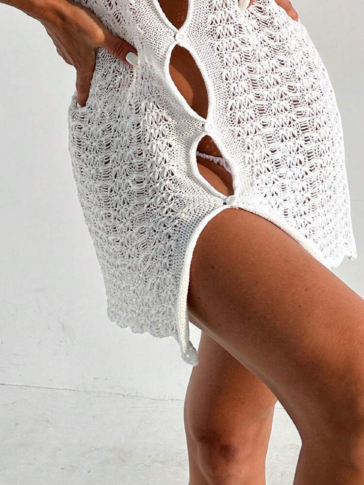 Ladies' Knitted Hollow Out Buttoned Kimono Dress Wedding Summer