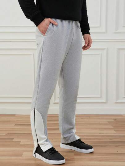 SHEIN Cottnline Men's Colorblocked Jogger Pants With Slanted Pockets And Zipper Design