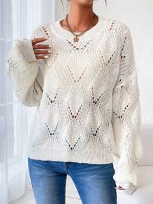 SHEIN LUNE Jersey de cuello redondo, hombros caídos y tejido calado para mujer, para otoño e invierno - Blanco - Ver 4