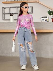 SHEIN Tween Girl Sweet Casual Fit Colorful Round Neck Long Sleeves - Watermelon Pink - View 5