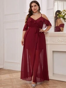 大码女式纯色荷叶边露肩伴娘礼服（配腰带） - 酒紅色 - 查看 6